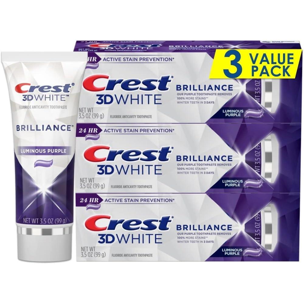 image:imageCrest 3D White Brilliance Luminous Purple Teeth Whitening Toothpaste 46 oz Pack of 3 Anticavity Fluoride Toothpaste Fights 100 More Surface Stains 24 Hour Active Stain PreventionUnflavored