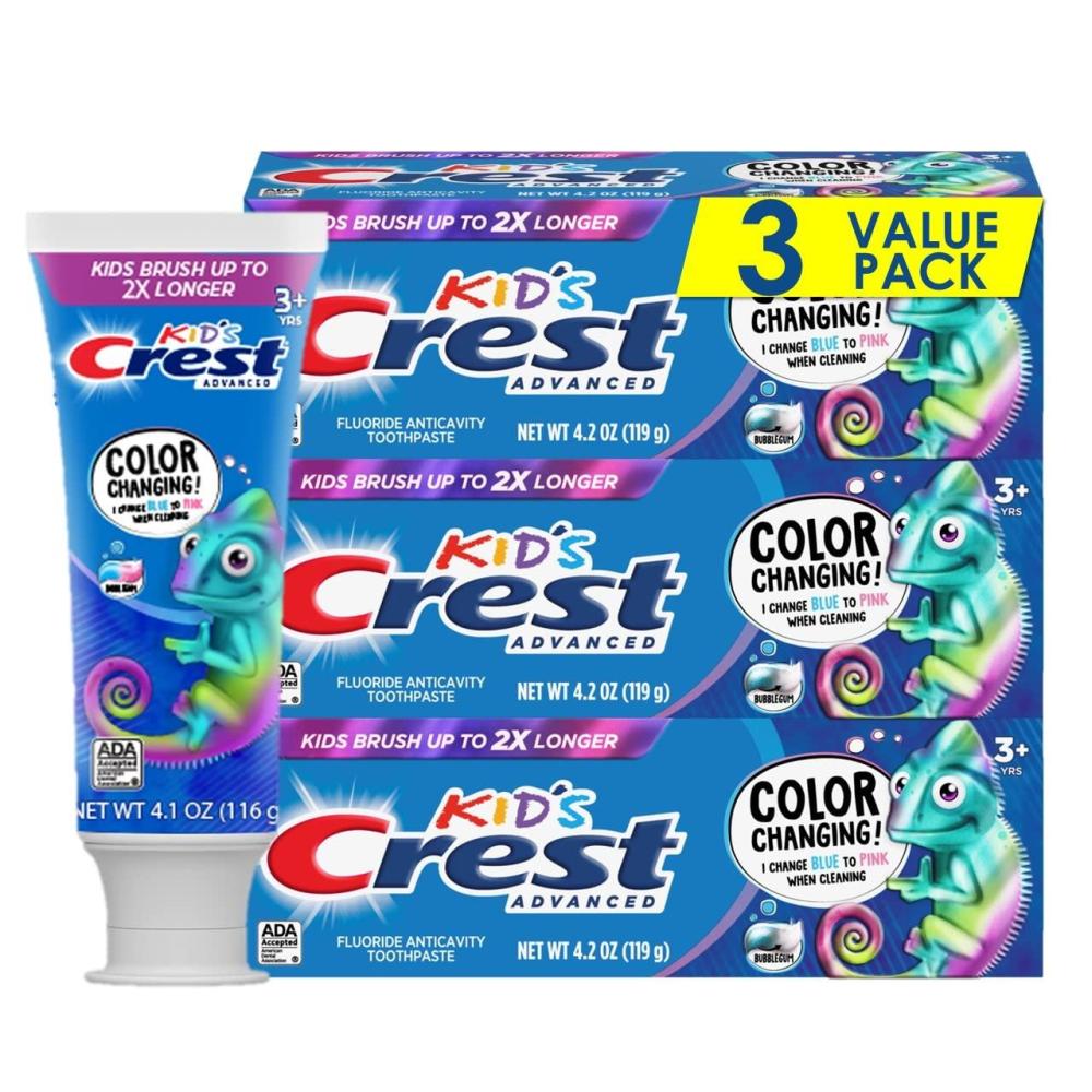 image:imageCrest Advanced Kids Fluoride Toothpaste Bubblegum Flavor 42 oz 3 Count ColorChanging Anticavity Toothpaste