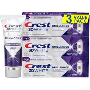Crest 3D White Brilliance Luminous Purple Teeth Whitening Toothpaste, 4.6 oz Pack of 3, Anticavity Fluoride Toothpaste, Fights 100% More Surface Stains, 24 Hour Active Stain Prevention(Unflavored)